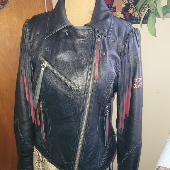 Harley-Davidson Black Leather Jacket with Red Fringe - Picture 10 of 14